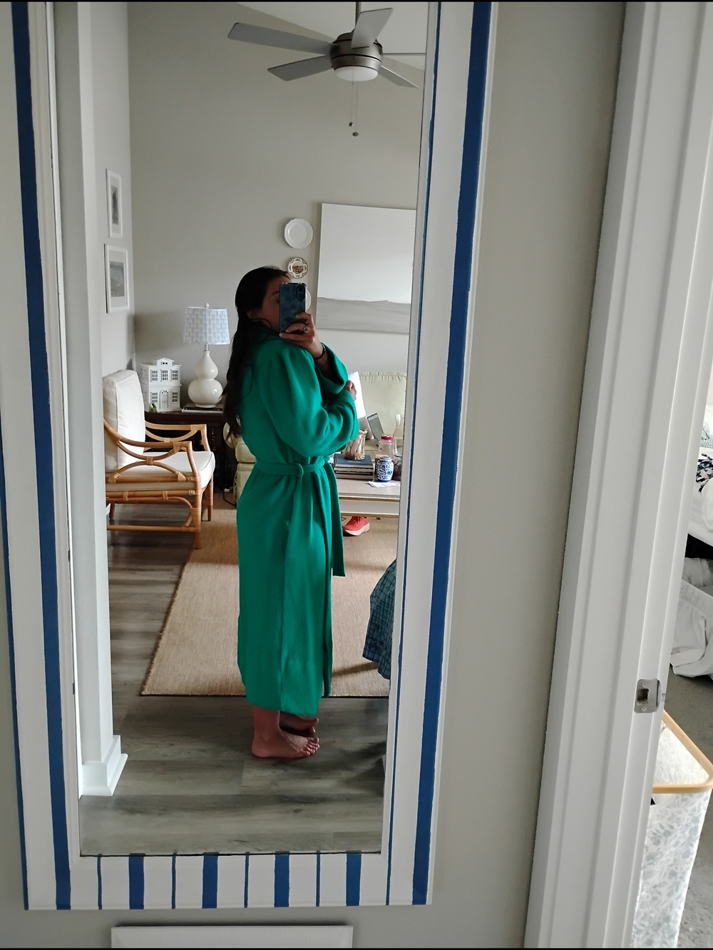 Vintage Green Long Fleece Robe Coat with Belt and Shawl Collar